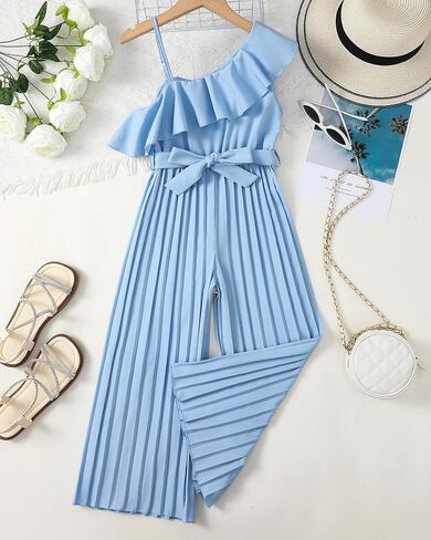Girls' Jumpsuit Kids Ruffle Trim Halter Waist Belt Wide Leg Pleated Long Romper Tween Gilrs Summer Outfit Size 8-12 in Kuwait