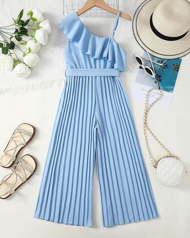 Girls' Jumpsuit Kids Ruffle Trim Halter Waist Belt Wide Leg Pleated Long Romper Tween Gilrs Summer Outfit Size 8-12 in Kuwait