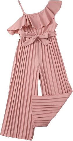 Girls' Jumpsuit Kids Ruffle Trim Halter Waist Belt Wide Leg Pleated Long Romper Tween Gilrs Summer Outfit Size 8-12 in Kuwait