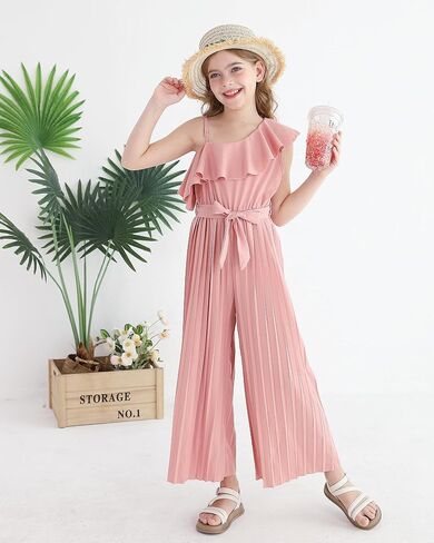 Girls' Jumpsuit Kids Ruffle Trim Halter Waist Belt Wide Leg Pleated Long Romper Tween Gilrs Summer Outfit Size 8-12 in Kuwait