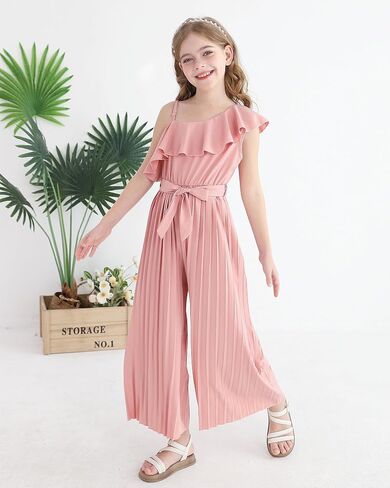 Girls' Jumpsuit Kids Ruffle Trim Halter Waist Belt Wide Leg Pleated Long Romper Tween Gilrs Summer Outfit Size 8-12 in Kuwait