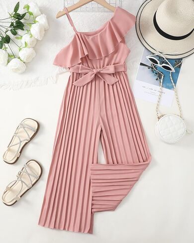 Girls' Jumpsuit Kids Ruffle Trim Halter Waist Belt Wide Leg Pleated Long Romper Tween Gilrs Summer Outfit Size 8-12 in Kuwait