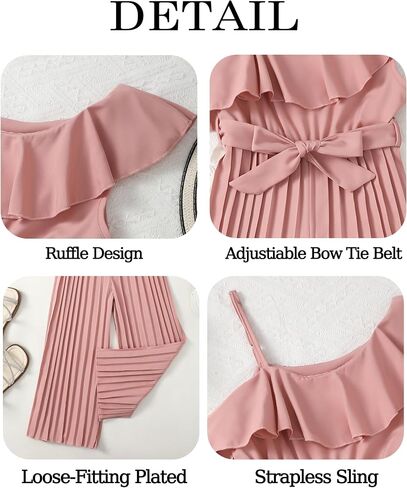 Girls' Jumpsuit Kids Ruffle Trim Halter Waist Belt Wide Leg Pleated Long Romper Tween Gilrs Summer Outfit Size 8-12 in Kuwait