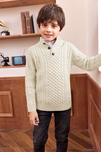 Makkrom Kids and Boys Mock Neck Pullover Sweater Long Sleeve Button Cable Knitted Jumper in Kuwait