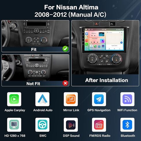 راديو ستيريو للسيارة 2+32G Android 13 لسيارة Nissan Altima 2008-2012 (مكيف هواء يدوي)، شاشة لمس عالية الدقة 9 بوصة مع Apple CarPlay Android Auto اللاسلكي، كاميرا احتياطية AHD، وصلة مرآة، GPS، WiFi، DSP in Kuwait