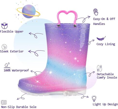 EUXTERPA Toddler Kids Waterproof Light Up Rain Boots Patterns and Glitter Boots with Handles for Boys Girls in Saudi Arabia