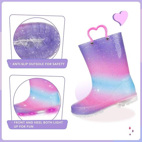EUXTERPA Toddler Kids Waterproof Light Up Rain Boots Patterns and Glitter Boots with Handles for Boys Girls in Saudi Arabia
