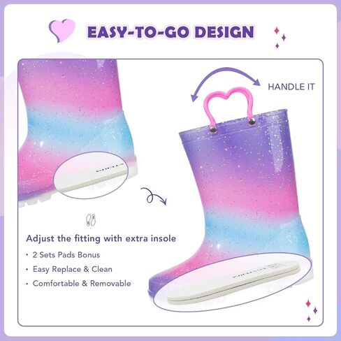 EUXTERPA Toddler Kids Waterproof Light Up Rain Boots Patterns and Glitter Boots with Handles for Boys Girls in Saudi Arabia