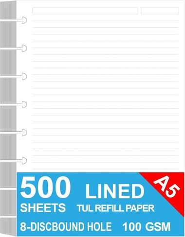 Junior Size Discbound Refill Paper - 8 Discs Discbound Paper, Lined Arc Paper Refill, 100gsm, Disc Paper Refill White Paper, 300 Sheets/600 Pages, 5.8 X 8.25 in in Kuwait