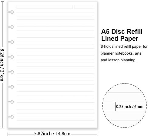 Junior Size Discbound Refill Paper - 8 Discs Discbound Paper, Lined Arc Paper Refill, 100gsm, Disc Paper Refill White Paper, 300 Sheets/600 Pages, 5.8 X 8.25 in in Kuwait