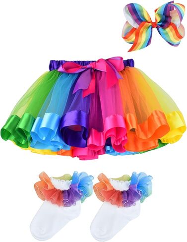 BGFKS Girls Tulle Tulle Rainbow Tutu Skirts ، تنورة فتاة صغيرة مع راجية ، قوس الشعر والجوارب. in Kuwait