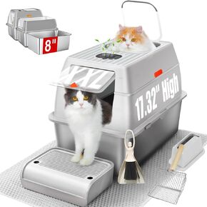 Fully Enclosed Stainless Steel Litter Box with Lid, 8" Deep Pan, XXL Large Stainless Steel Cat Litter Box for Big Cat with Scoop, Step Board, Mat, Brush, Odor-Free, Anti-Leak, Non-Stick, Easy to Clean