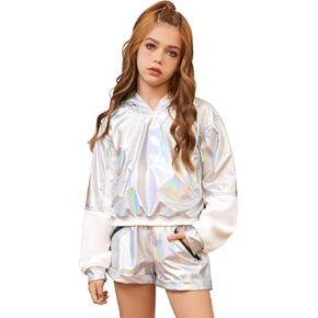 هوديز jxstar Girls Metallic Shiny Pullover sweatshirts طويلة الأكمام