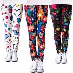 3 Pack Girls' Full Length Printed Leggings Toddlers Active Stretch Leggings Soft Kids Pants 3-10 Years
