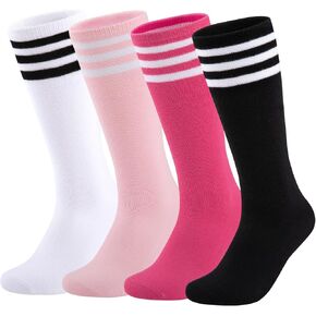 Comfoex Kids Soccer Socks 4 Pairs Girls Baseball Football Sports Tall Socks With Cotton Stripes Girls Knee High Socks