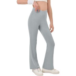 Haloumoning Girls Crossover High Waisted Flare Pants Kids Bootcut Leggings Full Length Bell Bottoms 5-14 Years