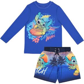 Disney Lilo & Stitch Boys Swim Wear Rash Guard 2 Piece Surf Set - Printed Long Sleeved Rash Guard and Swim Trunks for Kids