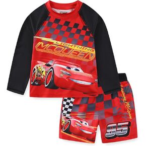 Disney Cars Lightning McQueen Boys UPF 50+ Rash Guard and Swim Trunks Swimsuit Set for Toddler and Big Kids
