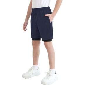 QBK Toddler to Youth Boys 2 in 1 Athletic Shorts Basketball Compression Shorts with Liner for Girls Soccer Running Sports
