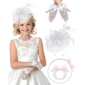 Girls Tea Party Fascinators Hats Lace Gloves Pearl Necklace Set for Wedding 1920s Tea Party Accessories (Blush Pink)