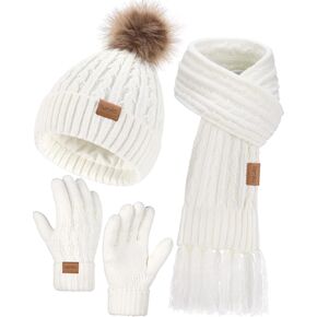 Remifa Kids Winter Hat Gloves مجموعة وشاح ، للفتيات الفتيان الصوف المبطن بوم بوم القفازات القفازات