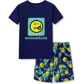 Tebbis Pajamas For Boys Fun Baseball Navy Blue Short Sleeves 2-Piece PJs Set Kid Comfy Sleepwear Size 6-18