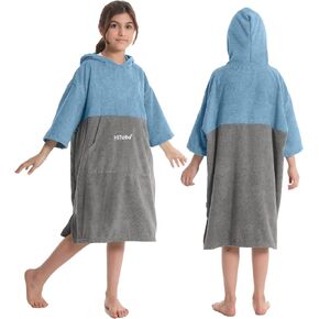 Hiturbo Kids Changing Towel Robe: Absorbent Quick Dry Surf Poncho, 3/4 Sleeve Microfiber Bath Towels for Beach Pool (Blue/Gray)