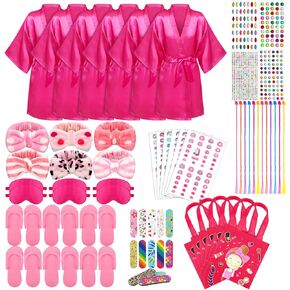 Newcotte 72 Pcs Kids Spa Party Supplies for Girls - Robes, Headbands, Slippers & Accessories for Birthday Party, 6 Sets