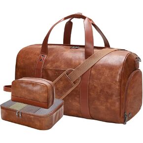 Leather Weekender Bags for Women Men, 3Pcs Women Overnight Bag with Shoe Compartment, Large Capacity Faux Leather Duffle BagToiletry Packing Cube Carry On Bag Fit 21" Laptop