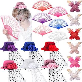 JaGely 18 Pcs Girls Tea Party Supplies Girls Mini Tea Party Hat and Gloves Lace Folding Fan