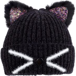 Kids Girls Sequin Cat Ears Hats Winter Knitted Beanie Hat for Outdoor Snow Ski Skull Cap Ages 7-12