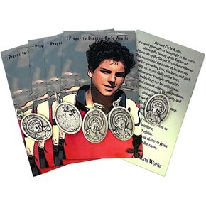 Westmon Works St Carlo Acutis Medal Pendants الإيطالية المعدنية مع البطاقات المقدسة ، 5 من كل منها