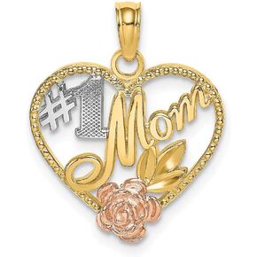 Solid 14K Tri Three Three Gold Heart Heart رقم واحد # 1 Mom Mom Charm Prendant - 19mm × 16mm