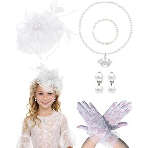 5Pcs Girls Tea Party Fascinators Hats Tea Party Headband and Lace Glove Set for Girls 1920s Party