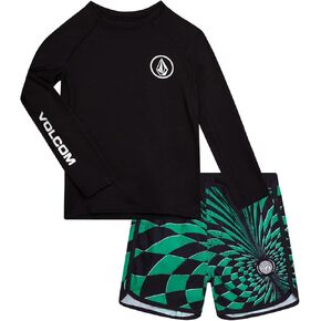 مجموعة Volcom للحماية من الطفح الجلدي للأولاد - قطعتين قميص سباحة بأكمام طويلة بعامل حماية من الأشعة فوق البنفسجية 50+ وسروال بدلة استحمام - مجموعة ملابس سباحة للأولاد (2T-7)
