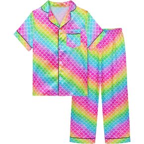 Sylfairy Girls Pajamas Silk PJS Set Rainbow Unicorn Sleepwear Short Sleeve Long Pants Jammies for Toddler Kids