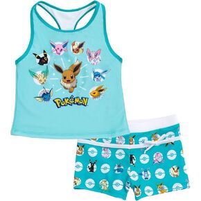 Pokemon Eevee Girls Racerback UPF 50+ Tankini Top and Swim Shorts Outfit Set Little Kid to Big Kid Sizes (4-14-16)