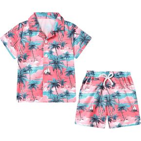 YUEMION Boys Hawaiian Outfit 2Pcs Set Summer Beach Button-Down Shirt Top + Shorts for Kids 2-9 Years