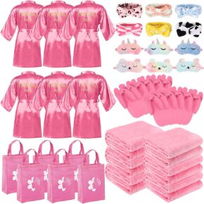 Bonuci 36 Pcs Spa Party Supplies for Girls Birthday, 6 Satin Robes 6 Fleece Throw Blankets Kids Sleepover Spa Party Set Kit