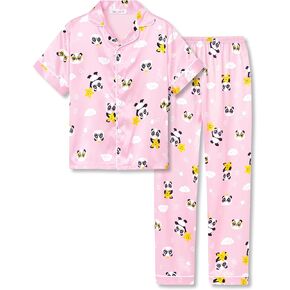 Beezizac Little & Big Girls Pajama Satin Silky Yellow & Pink Leopard 2-PC Short Sleeves & Pants Set Kid Size 6-16