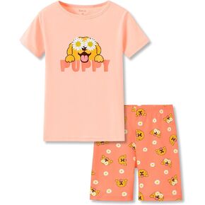 Topgal Girls Cotton Knit Pajamas Toddler Summer Top & Shorts Sung Fit Cartoon Print Sleepwear Clothes Set Size 4-14