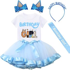 Birthday Girls Outfit T-Shirt Tutu Skirt Sets with Blue Ears Hair Clips Headband and Satin Sash…