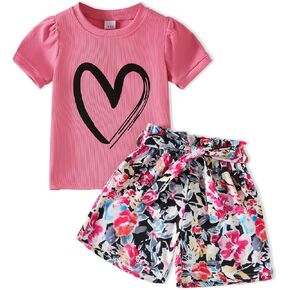 أطفال فتاة ملابس القلب طباعة قصيرة الأكمام قمة وسروال شورت لطيف فتاة الصيف مجموعة قصيرة in Kuwait