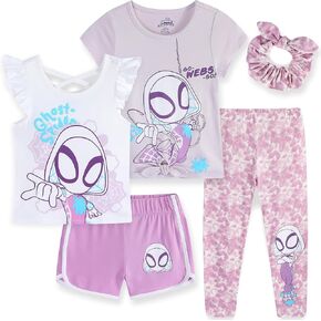 Marvel Spider-Gwen Ghost Spider Girls Mix & Match 5 Piece Steft مع 2 قمم ، طماق ، شورت و Scrunchie للأطفال الصغار
