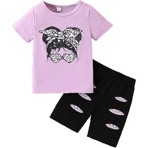 Kid Toddler Girl Clothes Summer Short Sleeve Figure Graphic Tee Shirt + Shorts Summer Outfits Set