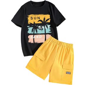 SHENHE Boy's 2 Piece Set Tropical Print Short Sleeve Crewneck T Shirt and Shorts Set Vacation Outfits