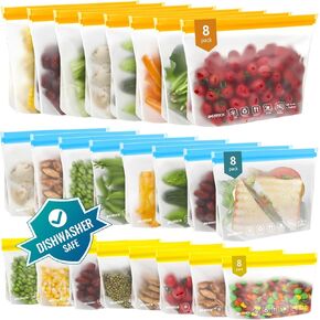 Ideatech 20Pack غسالة الصحون الآمنة أكياس قابلة لإعادة الاستخدام ، أكياس فريزر مقاومة للتسرب ، BPA مجاني للأغذية القابلة لإعادة الاستخدام أكياس أكياس الوجبات الخفيفة لتناول طعام الغداء (8 جالون 6 كوارت 6 وجبة خفيفة ، ملونة)