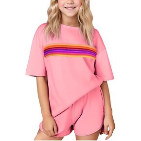 SELINK Girls Travel Outfits Set Rainbow Striped Two Piece Lounge Sets Casual Sweat Tracksuit Matching Runner Shorts in Kuwait