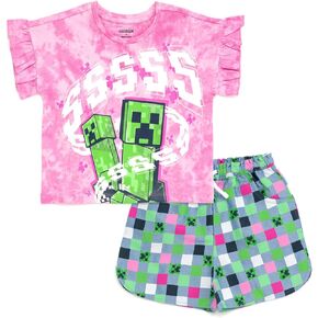 مجموعة Minecraft Girls T-Shirt و Shambray Shorts مجموعة صغيرة لأحجام الأطفال الكبيرة (4-14-16)