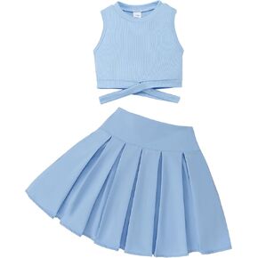 Cute Clothes for Girls Crisscross Crop Tank Top Pleated Skirt Tween Girl Trendy Summer Outfit Kid Clothing Set 7-14